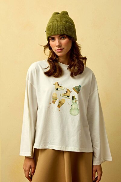 Ceylan Otantik Ecru Winter Printed Basic Bodysuit