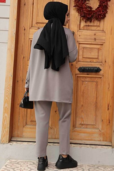 N.S NEVA STYLE Buttoned Gray Hijab Double Set 12391Gr