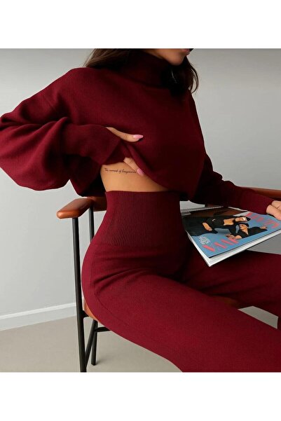 NZL TEKSTİL Dgn's Parmak Geçmeli Boğazlı 2'li Crop-pantolon Takım