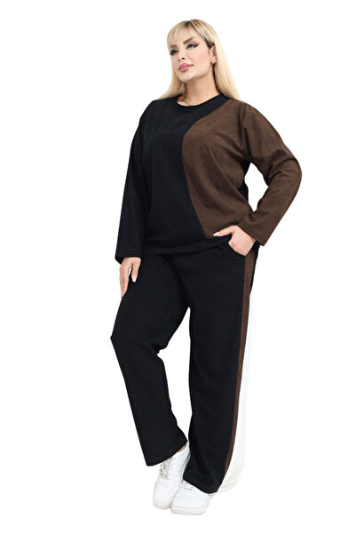 MELSAY Women's Plus Size Velvet Black-Brown Color Block Tracksuit Set