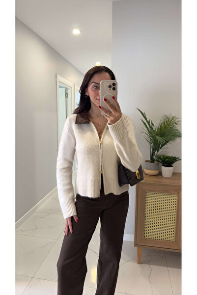 BİRCANÇİL Elisya Stone Collar Leather Detailed Cardigan