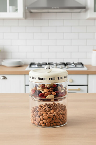 Sevinse Home Mood Double Cream Line Vacuum Lid Motto Glass Jar Set, Spice Jar, Sugar Bowl (750-600 ml)