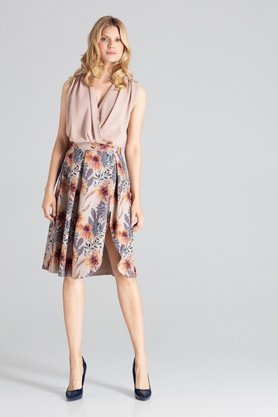 Figl Fustă elegantă cu crăpătură la coapsă, bej cu flori, M675, mărimea XL