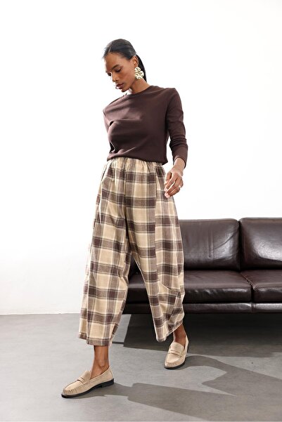 5in1Canpolat Brown Plaid Barrel Fabric Trousers 0187