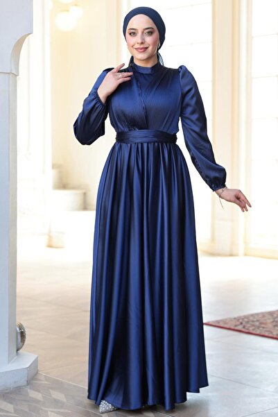 N.S NEVA STYLE Satin Navy Blue Hijab Evening Dress 23821L