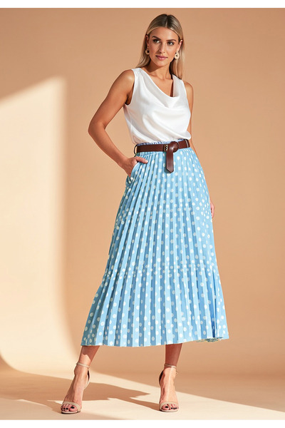 Figl Polka Dot Pleated Skirt - High Waisted Skirt - Blue Skirt M1155 Size S/M