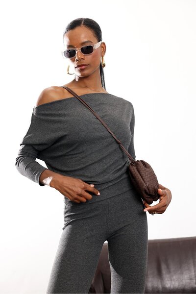 5in1Canpolat Anthracite Asymmetrical Collar Blouse 6176