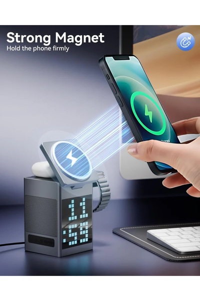 AUXITO 6-in-1 Wireless Charging Station — 5/7.5/10/15W, Bluetooth Speaker, Digital Clock