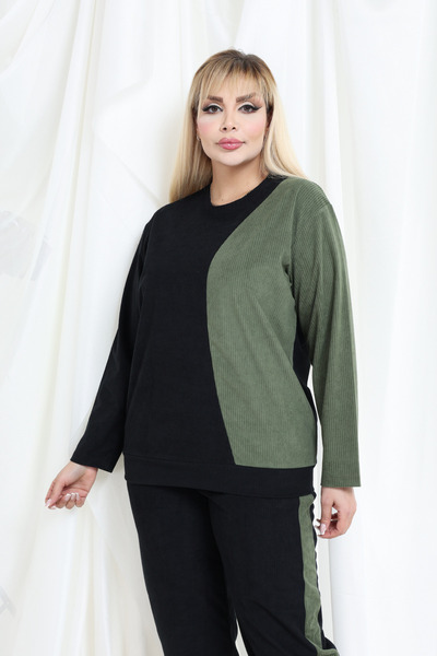 MELSAY Women's Plus Size Velvet Black-Green Color Block Tracksuit Set