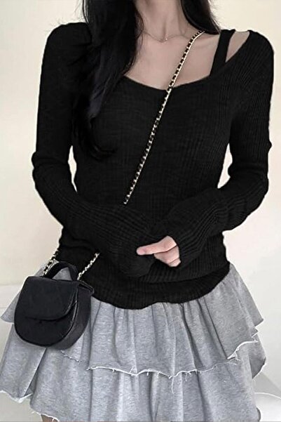 ARS Butik Madonna Collar Attached Strap Detail New Style Y2K Long Sleeve Crop Blouse