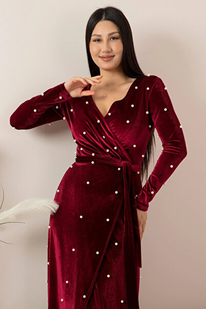 AZRA BUTİK Velvet Pearls Long Evening Dress Burgundy