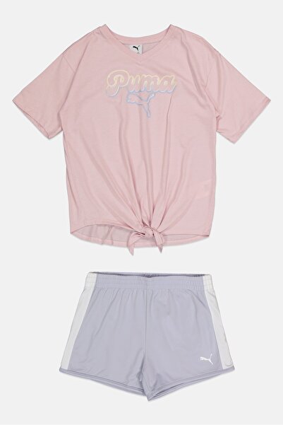 Puma Kids Girl 2Pcs Graphic Print Short Sleeve Tee And Shorts Set, Multicolor