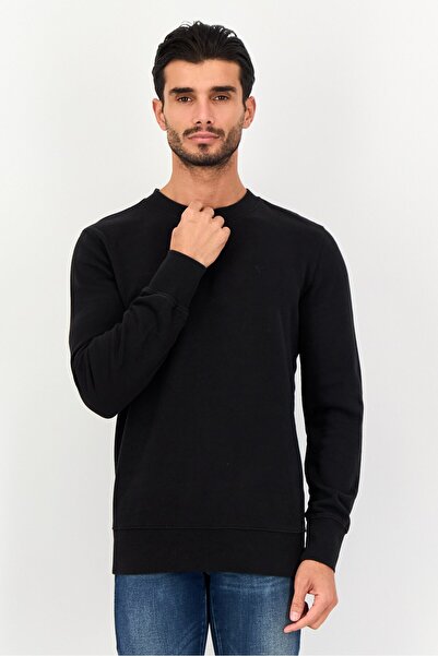 AMERICAN EAGLE سويت شيرت رجالي مطرز بشعار بأكمام طويلة وياقة دائرية، أسود