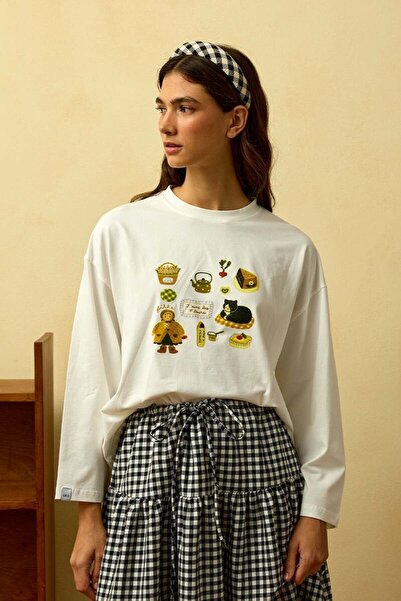 Ceylan Otantik Ecru Lazy Cat Printed Basic Body