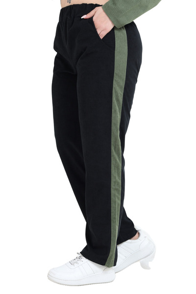 MELSAY Women's Plus Size Velvet Black-Green Color Block Tracksuit Set