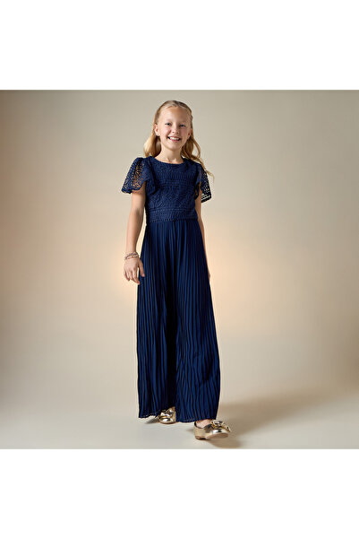 Juniors Laced Wide Leg Jumpsuit with Pleats and Round Neck