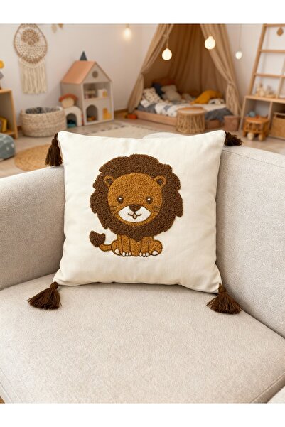 MACASA Husă pentru pernă din material textil alb, 100% bumbac, brodat cu un s...