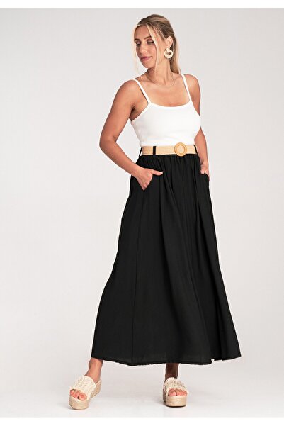 Figl Long flowing skirt - Skirt with elastic waist and belt - Black M1221 size L/XL