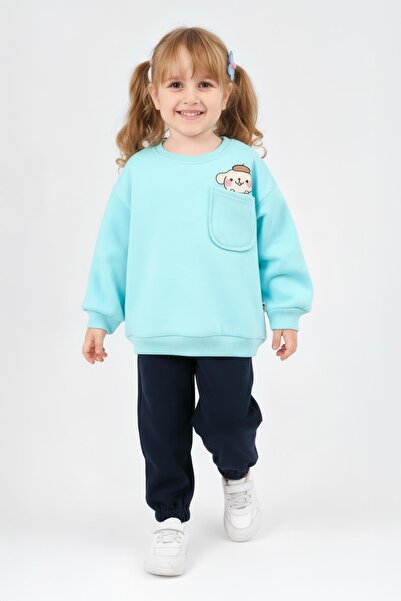 Perendi Girl's Crew Neck Sweatshirt with Print Detail and Fleece Lined Jogger Bottom Set – Turquoise