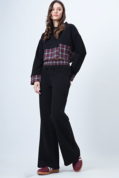 VAGGON Women's Black-Burgundy Plaid Detailed Sweatshirt and Wide-Leg Pants Set Vs01524
