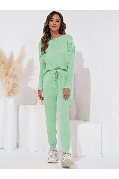 FridayIn Home style Round neck Solid color Waist drawstring Bat sleeve Pants Suits