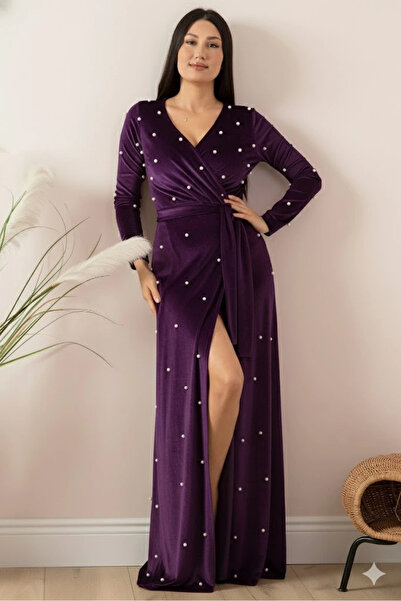 AZRA BUTİK Velvet Pearls Long Evening Dress Purple