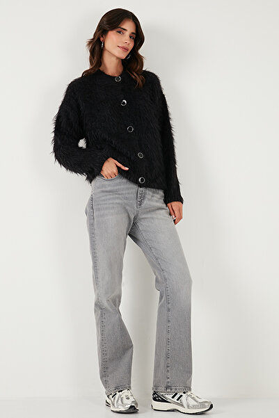 Lela Soft Fuzzy Regular Fit Crew Neck Buttoned Cardigan Cardigan 4617007