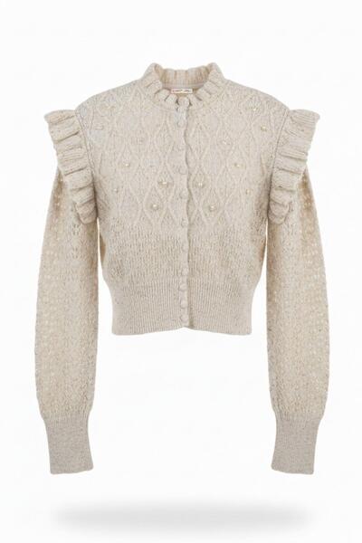 Mixray 2031 Women's Pearl Detailed Ruffle Shoulder Cardigan Stone