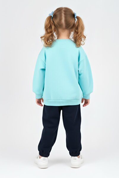 Perendi Girl's Crew Neck Sweatshirt with Print Detail and Fleece Lined Jogger Bottom Set – Turquoise