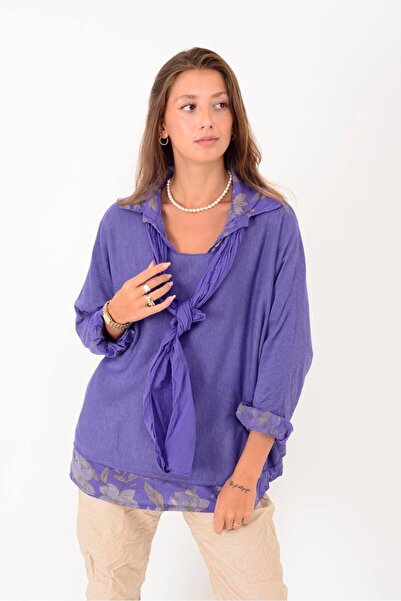 Park Moda 23091 Manolya Desen Gömlekli Pamuklu Fularlı Bluz