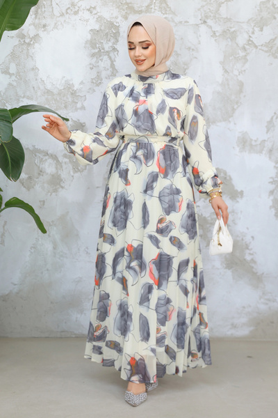 N.S NEVA STYLE Patterned Gray Hijab Dress 344601Gr