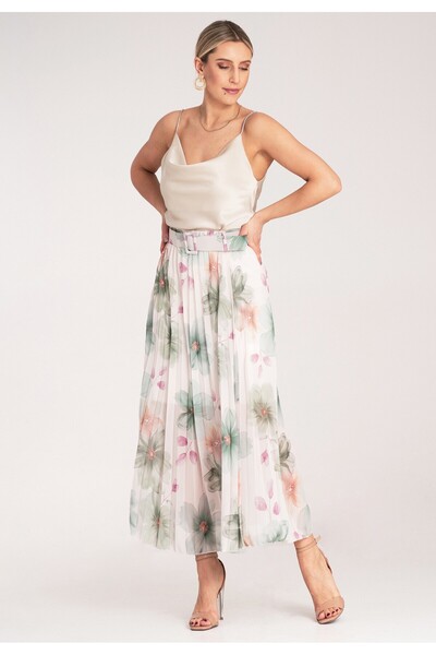 Figl Floral Printed Pleated Skirt - Elegant High Waist Skirt - Green M1163 Size S/M