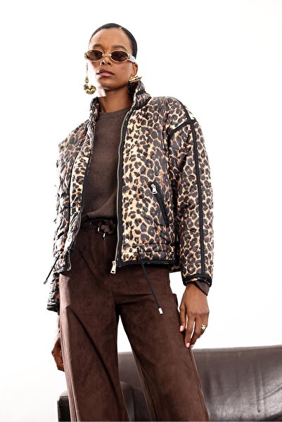 5in1Canpolat Black Waist-Cinching Leopard Print Coat 99463