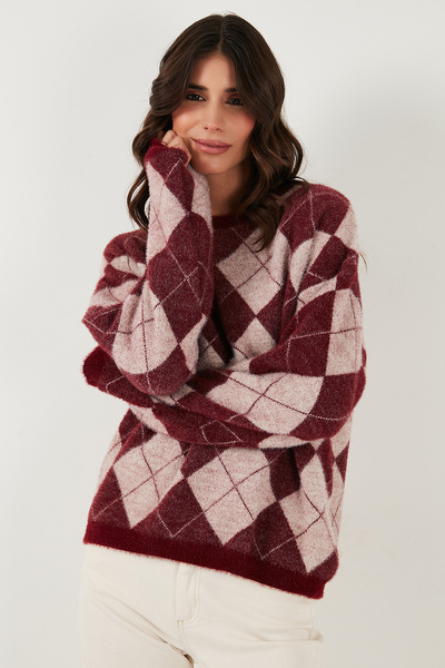 Lela Baklava Patterned Oversized Crew Neck Soft Textured Sweater Sweater 4616262