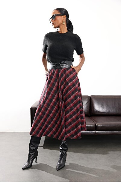 5in1Canpolat Burgundy Plaid Patterned Midi Skirt 4086