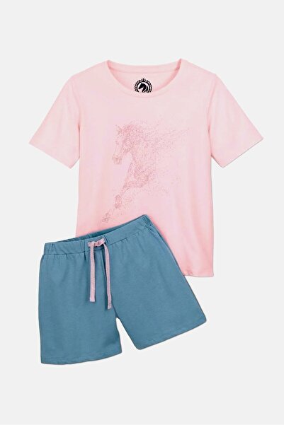 Tchibo Kids Girl 2 Pcs Pajama Top And Shorts Set, Pink and Blue