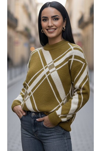 VEGENZE Women's Khaki Geometric Patterned Crew Neck Winter Knitwear