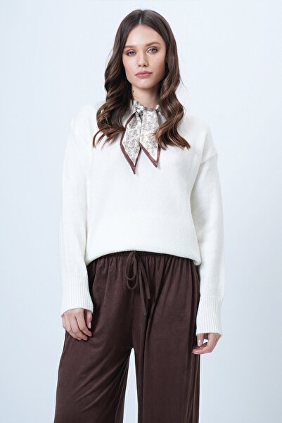 VAGGON Women's Ecru Crew Neck Scarf Knitwear Sweater Vs01520