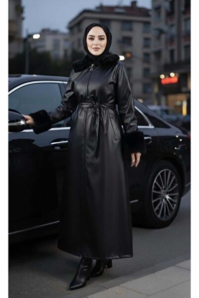 Hb Harma Time Butik Women's Zippered Belted Collar Fur-Lined Leather Black Cap