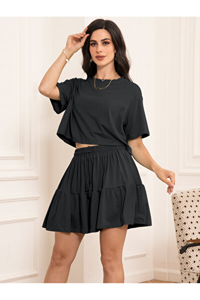 FridayIn Sweet Round neck Solid color Waist drawstring Splicing Regular sleeve Dress Suits