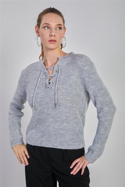 BARRELS AND OIL Women's Collar Lace-Up Knitwear Sweater - Light Gray