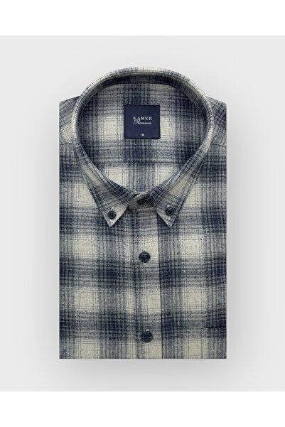 KAMER Regular Fit Winter Long Sleeve Buttoned Collar Plaid Gray Navy Blue Shirt 3872L