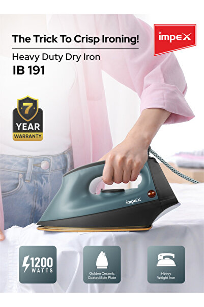 İMPEX Heavy Duty Dry Iron IB191 Power 1200W 2Kg Ceramic Soleplate 360° Cord 7Y Warranty 5 Temps