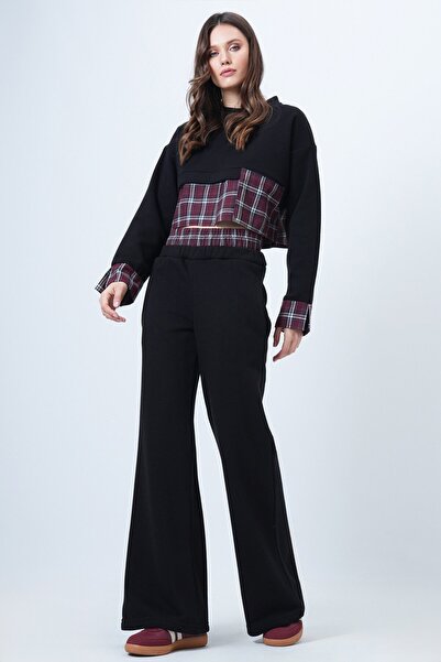 VAGGON Women's Black-Burgundy Plaid Detailed Sweatshirt and Wide-Leg Pants Set Vs01524