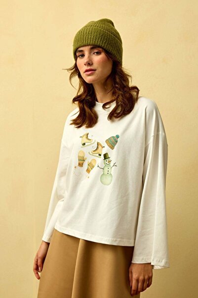 Ceylan Otantik Ecru Winter Printed Basic Bodysuit