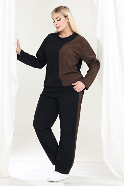 MELSAY Women's Plus Size Velvet Black-Brown Color Block Tracksuit Set