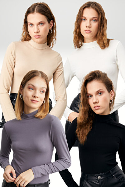 Bipantolon Women's Cream Gray Black White 4-Piece Half Turtleneck Basic Bodysuit