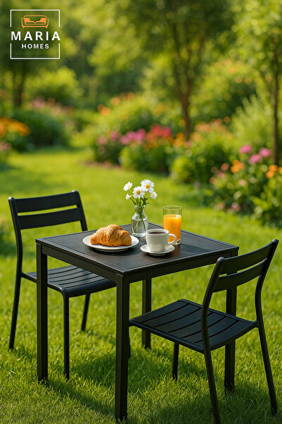 MARIA HOMES Stylish Black Square Dining Table 70x70x75 | Metal Frame | Modern Indoor Outdoor Table