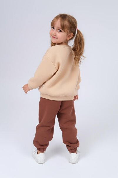 Perendi Girl's Crew Neck Sweatshirt with Print Detail and Fleece-Lined Jogger Bottom Set – Stone