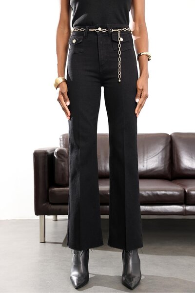 5in1Canpolat Black High Waist Belted Flare Jeans
